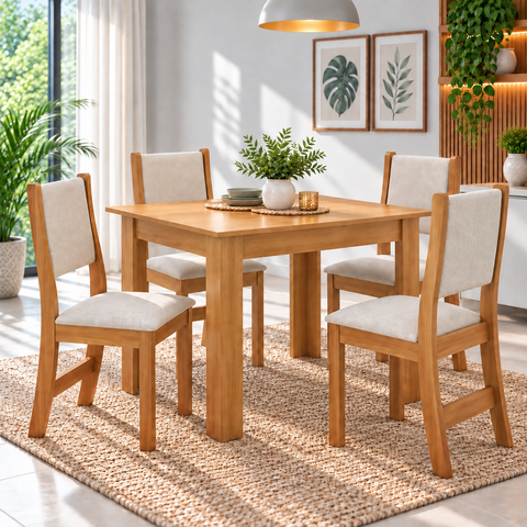 Conjunto Mesa de Jantar Retangular Palace Mel 4 Cadeiras Sol Linho Bege