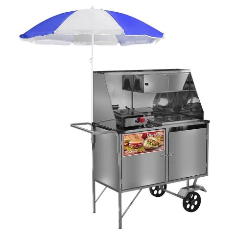 Carrinho 2 em 1 Cefaz Hot Dog e Lanche Luxo Inox com Rodas Maciças e Guarda Sol L09m/gs
