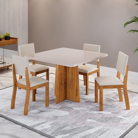 Conjunto de Mesa de Jantar 4 Lugares Tulipa Tampo de Vidro Mel e Bege