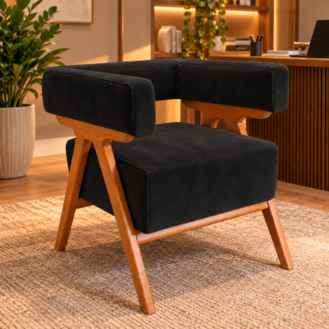 Poltrona Decorativa Mirela Suede Design Moderno Pés Madeira:Preto