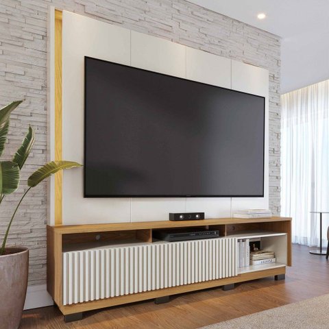 Estante para Tv até 75 Polegadas Malvinas 2 Portas Ripado com Led Off White Matte/freijó - Pnr Móvei