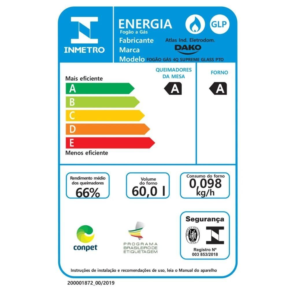 Fogão 4 Bocas Dako Supreme Glass Preto com Mesa de Vidro - Bivolt - 2