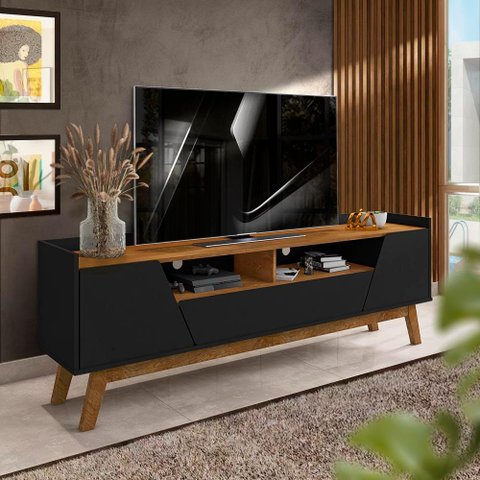 Rack Bancada Tv até 70 Polegadas 180 Cm 2 Portas 1 Gaveta Preto Fosco Naturalle Flor Shop Jm