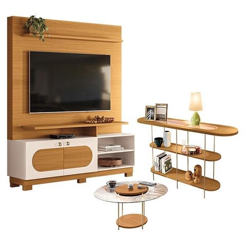 Estante Home Theater Axis Cinamomo Off White com Mesa de Centro Sky com Tampo de Vidro e Aparador