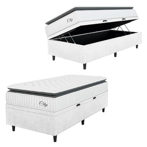 Cama Box Baú Colchão Solteiro Molas Ensacadas City Pillow Top 88x188x64cm Linho Branco / Preto