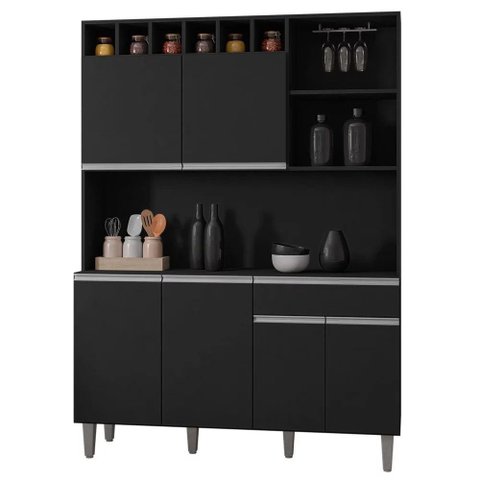 Kit Cozinha Compacta 130cm com 6 Portas e 1 Gaveta Nicole Preto