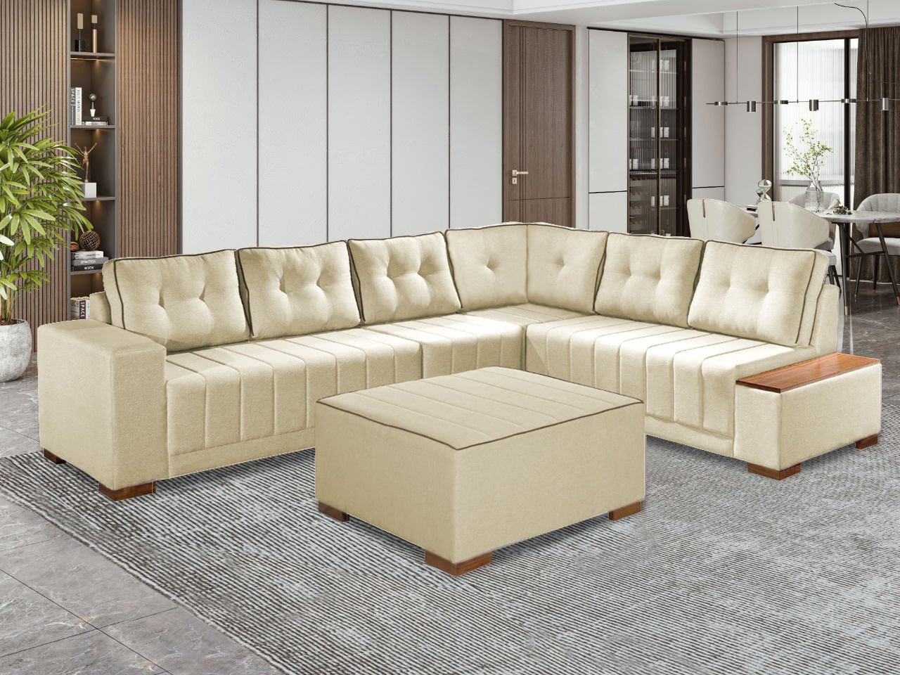 Sofá de Canto Malibu 3,20m x 2,40m com Puff Veludo Bege Claro MadeiraMadeira