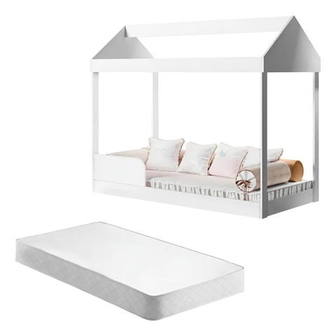 Cama Montessoriana Infantil com Colchão Incluso Casinha Proteção Lateral Cor Branca