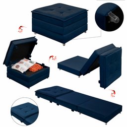 Puff que Vira Cama Solteiro com Rodinha com Bau Decoração para Sala Quarto Apartamento Estofado:azul - 1