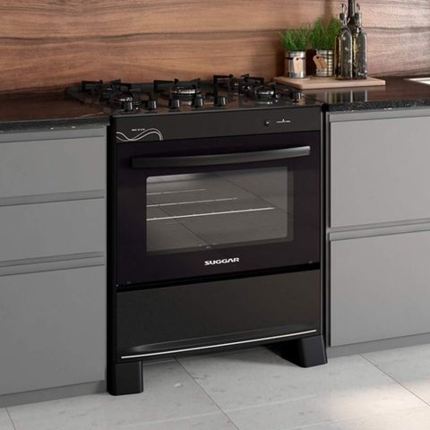 Suggar Fogão Neo Glass Preto Mesa de Vidro 5 Bocas Trempe 6 Apoios Acendimento Automático Fgvng510pt