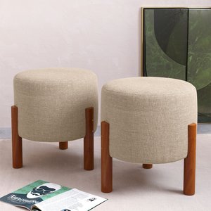 2 Puf Puff Redondo com Pés em Madeira 35x35cm Tecido Linho Cor Palha