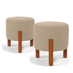 2 Puf Puff Redondo com Pés em Madeira 35x35cm Tecido Cor Palha - 2
