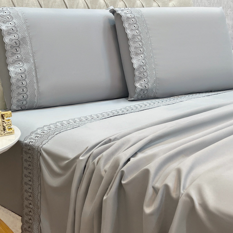 Conjunto Cama Casal Queen Size Lily 04 Pç Bordado 300 Fios:cinza