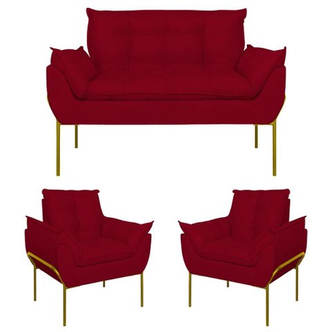 Kit 02 Poltronas Opala + Namoradeira Base Metal Dourada Cor:vermelho