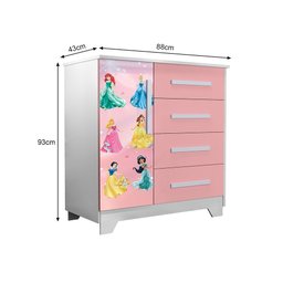 Cômoda Infantil Personagens Princesas 4 Gavetas 1 Porta Mdf Rosa - 2