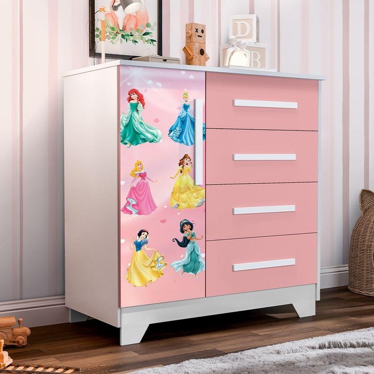 Cômoda Infantil Personagens Princesas 4 Gavetas 1 Porta Mdf Rosa
