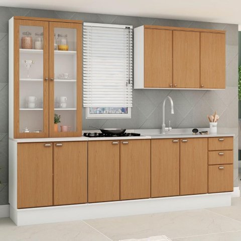 Cozinha Modulada 280cm 100% Mdf Cristaleira Aéreos Balcões Cor:branco Fosco/ Teka Soho