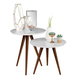 Conjunto de Mesa Lateral e Apoio Retrô Decore - Branco - 2