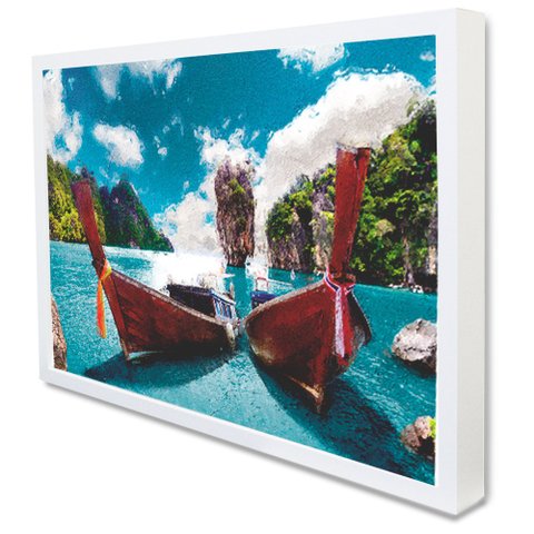 Quadro Decorativo Caixa Alta com Vidro Os Barcos TaColado Moldura Branca 90 x 60cm