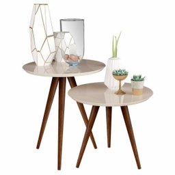 Conjunto de Mesa Lateral e Apoio Retrô Decore - Off White - 2