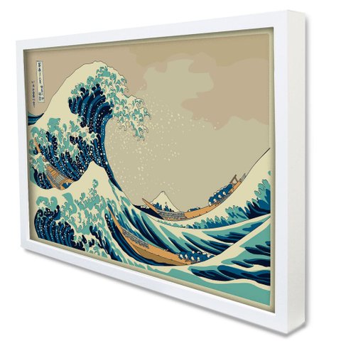 Quadro Decorativo a Grande Onda de Kanagawa em Moldura Caixa Tacolado Moldura Caixa 3cm Branca com V