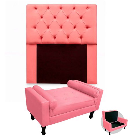 Kit Cabeceira Mirage + Calçadeira Baú Felix Solteiro 90cm Suede - Ecotec Decor:Rosa
