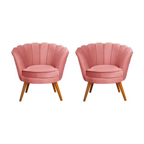 Kit 2 Poltronas Pétala Decorativas Rosa Pés Palito Em Madeira Maciça