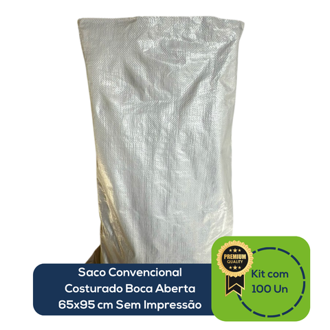 Kit com 100 Un Saco Convencional Costurado Boca Aberta Branco 65x95cm sem Impressão