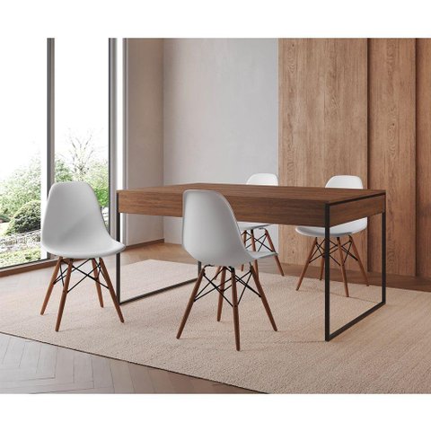 Mesa Jantar Industrial Retangular Filadélfia Amêndoa 137x90cm Base Ferro Preto com 4 Cadeiras