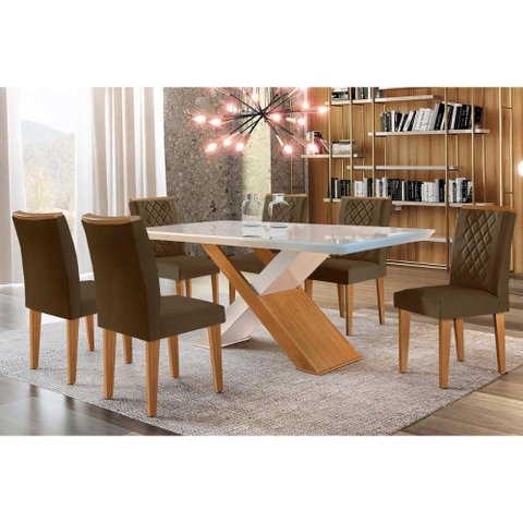 Sala de Jantar Completa Imperatriz Tampo Madeirado C/ Vidro Canto Curvo 180x90 e 6 Cadeiras Jade