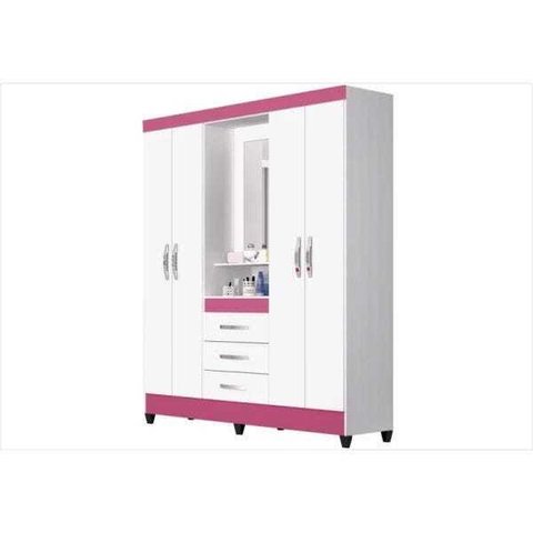 Guarda-Roupa 4 Portas 3 Gavetas com Espelho 165cm Estilo Capelinha Branco Capri