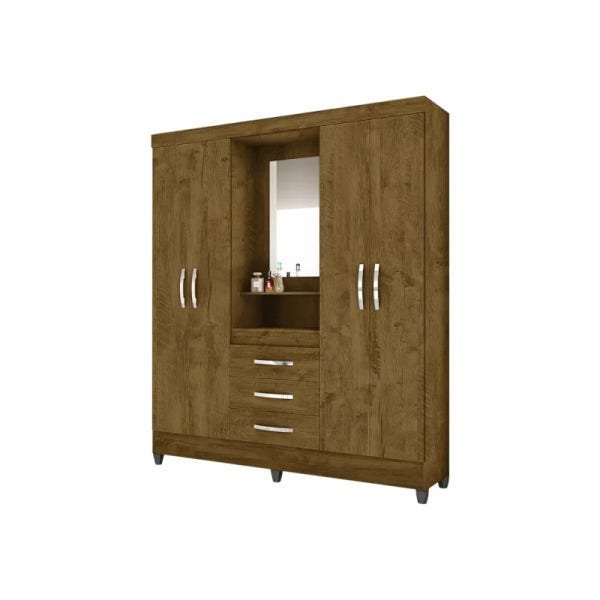 Guarda Roupa Capri 165cm 4 Portas Castanho Wood com Espelho Moval