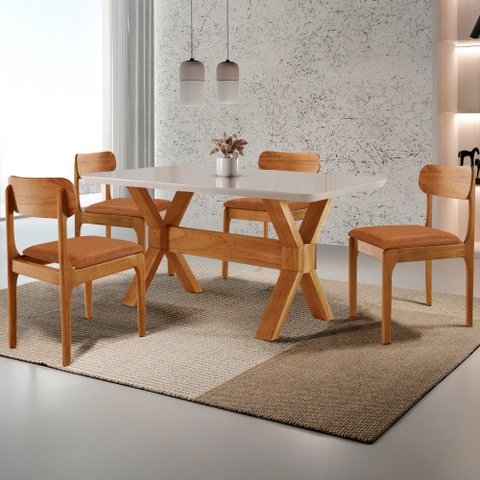 Sala de Jantar Mesa Star 120cm Tampo Laqueado com Vidro Canto Moeda e 4 Cadeiras Star