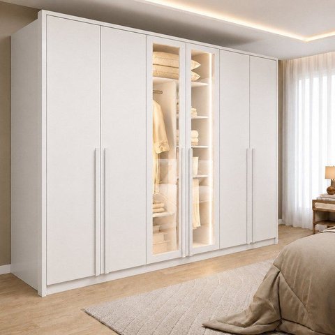 Guarda Roupa Casal 6 Portas Vidro Refleta e 6 Gavetas MDF com LED Imperiale Premium