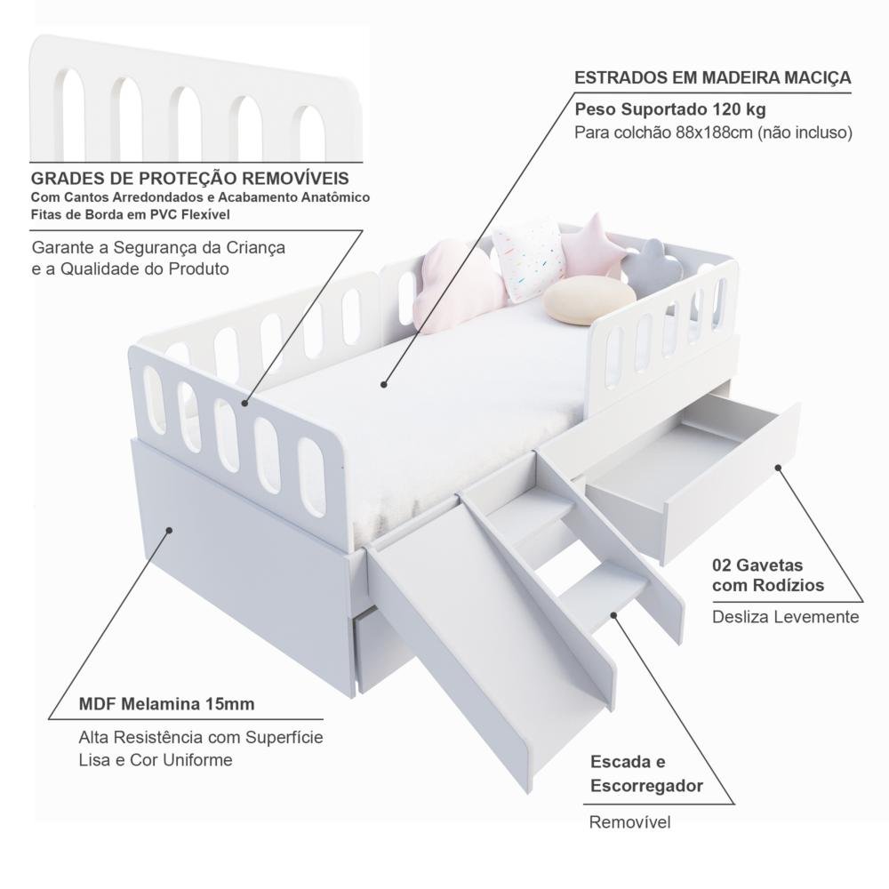 Cama Solteiro Mdf Bp com Escadinha/escorrega 02 Gavetas 03 Grades e Cabeceira Megamobilia - 4