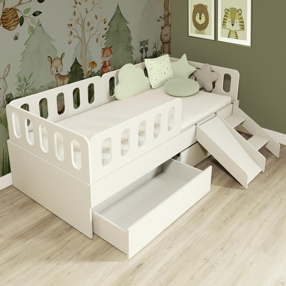 Cama Solteiro Mdf Bp com Escadinha/escorrega 02 Gavetas 03 Grades e Cabeceira Megamobilia