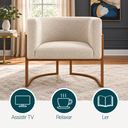 Ver imagem 3 de Poltrona Decorativa Luna Bouclé Premium para Sala Escritório Recepção Base Circular em Ferro Madeira