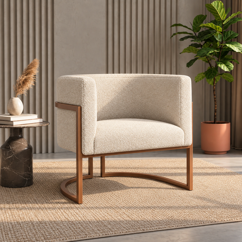 Poltrona Decorativa Luna Bouclé Premium para Sala Escritório Recepção Base Circular em Ferro Madeira