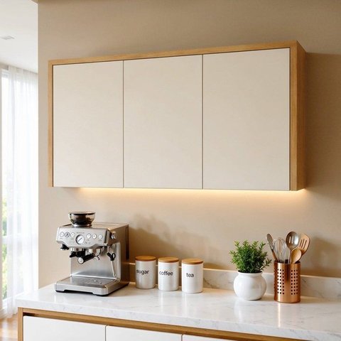 Armário Aéreo para Cozinha 3 Portas MDF 120cm Nobre Bege/Cinamomo/Off White