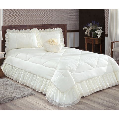 Colcha Casal Queen 4 Peças Cobre Leito Renda Brisa:palha