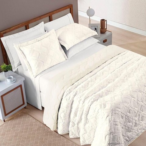 Cobre Leito Casal Padrão Aveline Micropercal 300 Fios 3 Peças - Off White