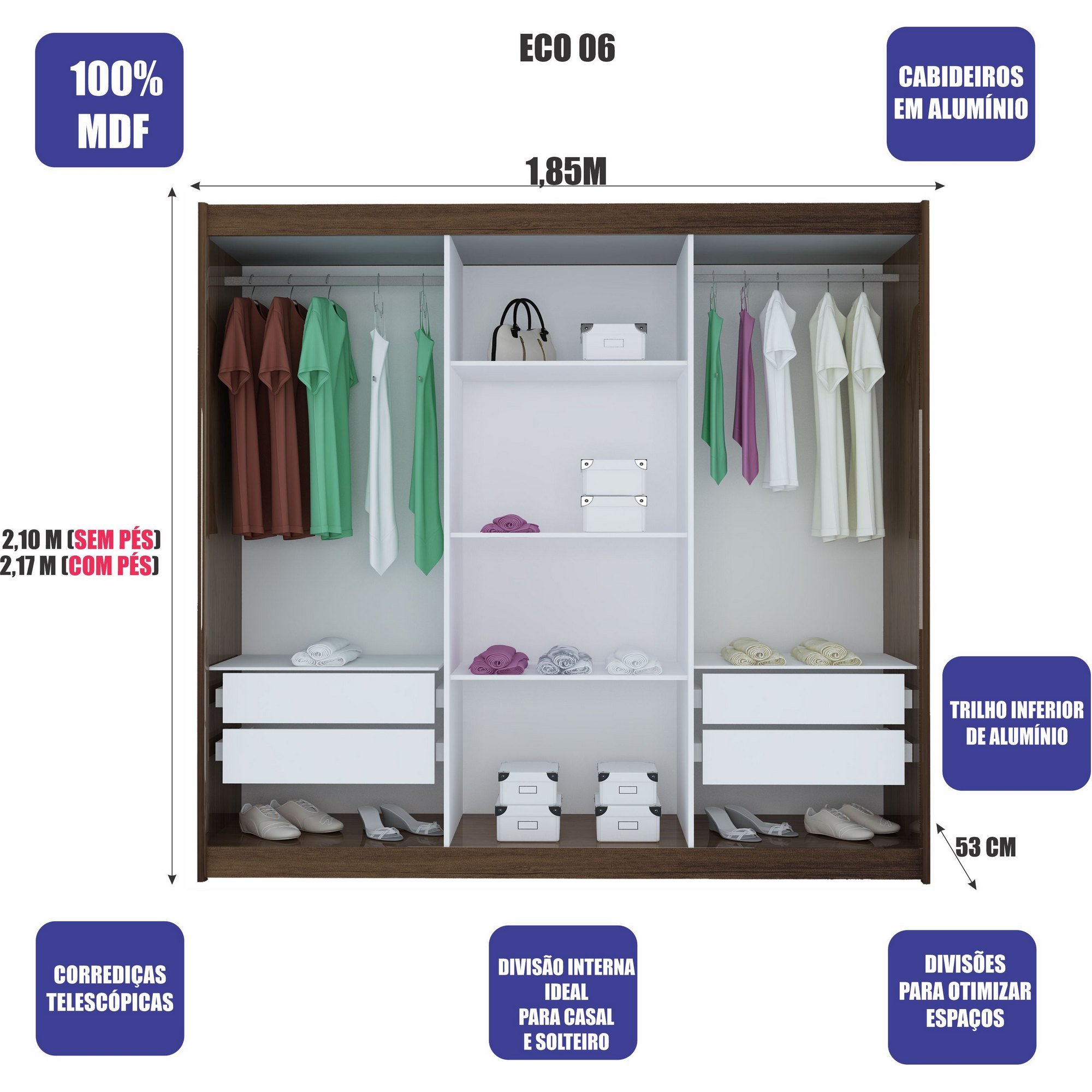 Guarda-roupa Casal Eco 06 Crystal com Espelho 100% Mdf 3 Portas 4 Gavetas Bom Pastor - Amêndoa - 4