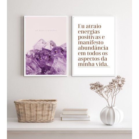 Kit 2 Quadros Energias Positivas- Cristais Abundância 24x18cm:madeira Branca
