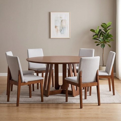 Conjunto Sala de Jantar 6 Lugares Redonda Madeira Maciça Cecília Marrom e Bege