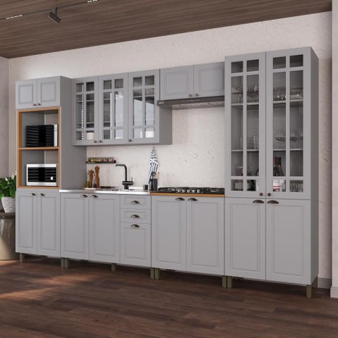 Armário de Cozinha Modulada Completa Fidelitá Nara 100% MDF 6 Peças 350cm 18 Portas 2 Gavetas sem