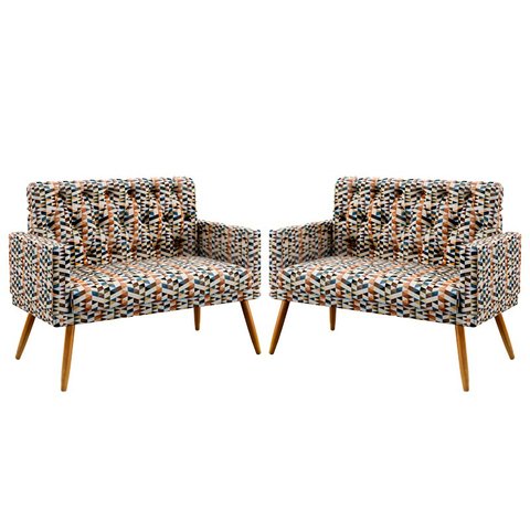 Kit 2 Poltronas Namoradeira Nina com Rodapé e Capitonê Suede Estampado Laranja Aradecor