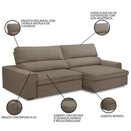 Sofá Retrátil Reclinável 4 Lugares 280cm Macau F05 Veludo Castor - Mpozenato - 3