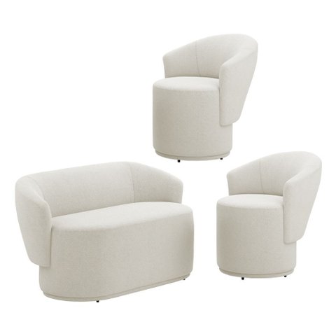 Kit 02 Poltronas e 01 Namoradeira Orgânica Mavi Bouclê Creme - Desk Design