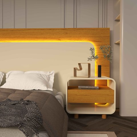 Mesa de Cabeceira Innova 1 Gaveta Pés em Madeira Offwhite com Naturale - Rede Móveis