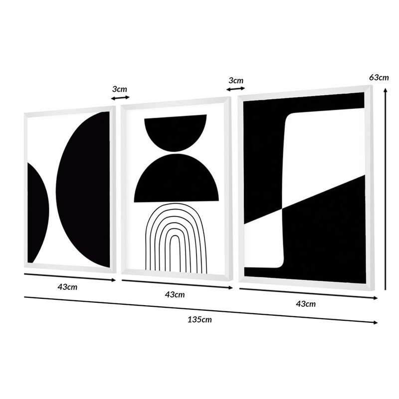 Kit 3 Quadros para Decoração Abstrato Preto e Branco Formas Geométrico Sala Escritório Moldura Branc - 4